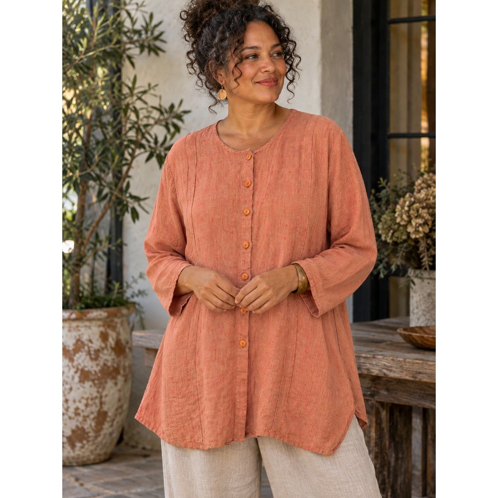 FLAX 100% Linen Pintuck Button Down Tunic Top Terracotta Orange Large lagonlook